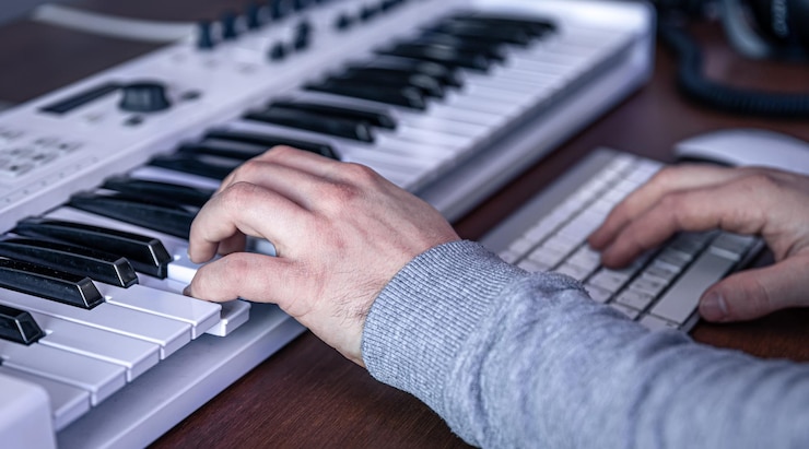 male musician creates music using computer keyboard musician workplace 169016 186271